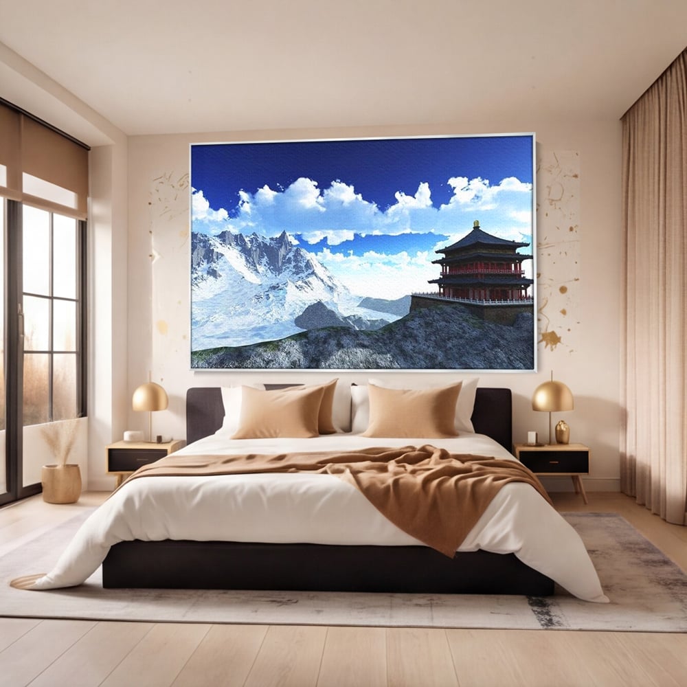 Tablou canvas cu tablou canvas cu pagoda si munti inzapeziti, in rama de aluminiu argintiu, pe perete intr-un dormitor