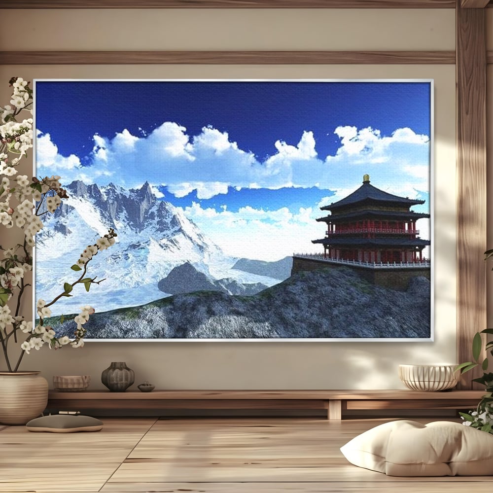 Tablou canvas cu tablou canvas cu pagoda si munti inzapeziti, in rama de aluminiu argintiu