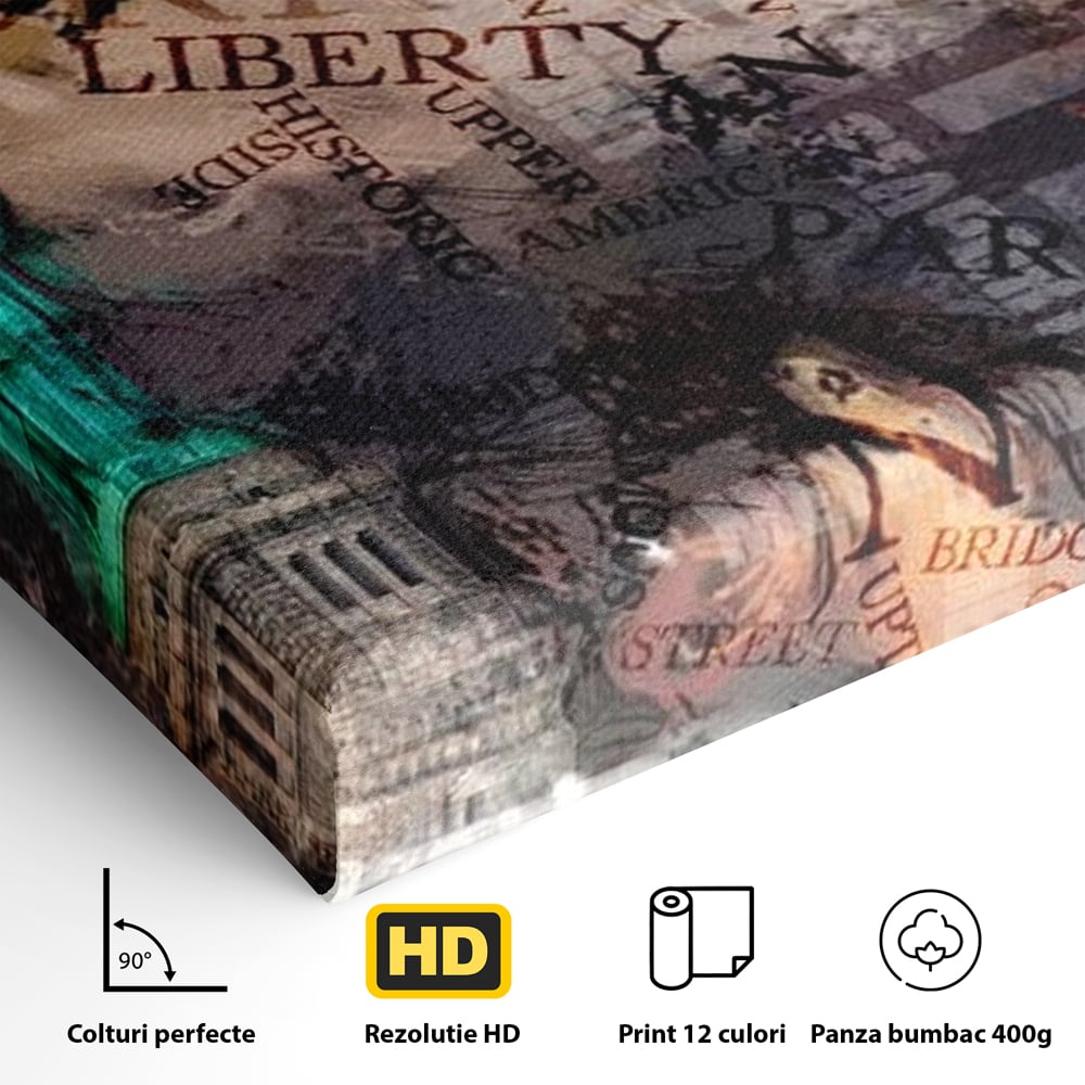 Detaliu al suprafetei: tablou canvas cu statuia libertatii si text, fara rama, pe sasiu de lemn