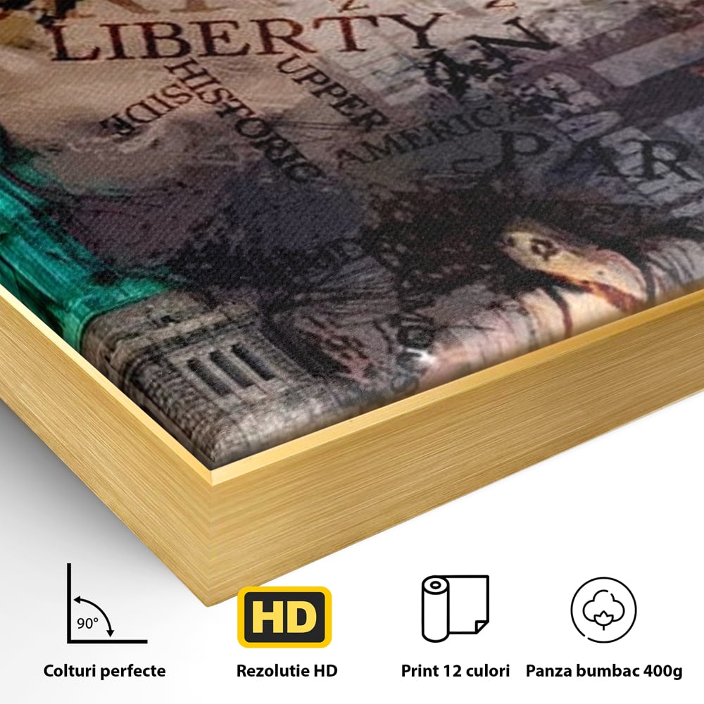 Detaliu al suprafetei: tablou canvas cu statuia libertatii si text, in rama de aluminiu auriu