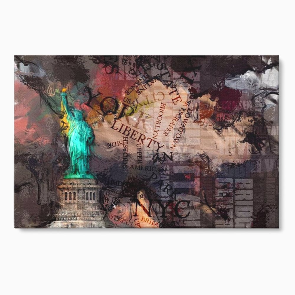 Tablou canvas cu tablou canvas cu statuia libertatii si text, fara rama, pe sasiu de lemn