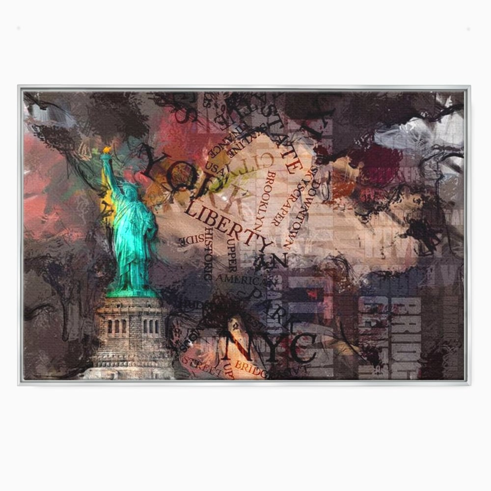 Tablou canvas cu tablou canvas cu statuia libertatii si text, in rama de aluminiu argintiu