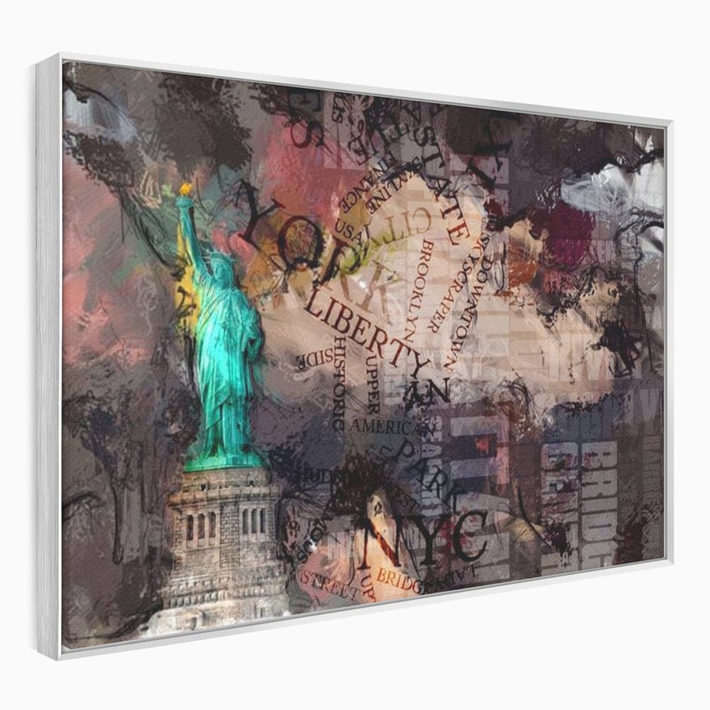 Tablou canvas cu tablou canvas cu statuia libertatii si text, in rama de aluminiu argintiu