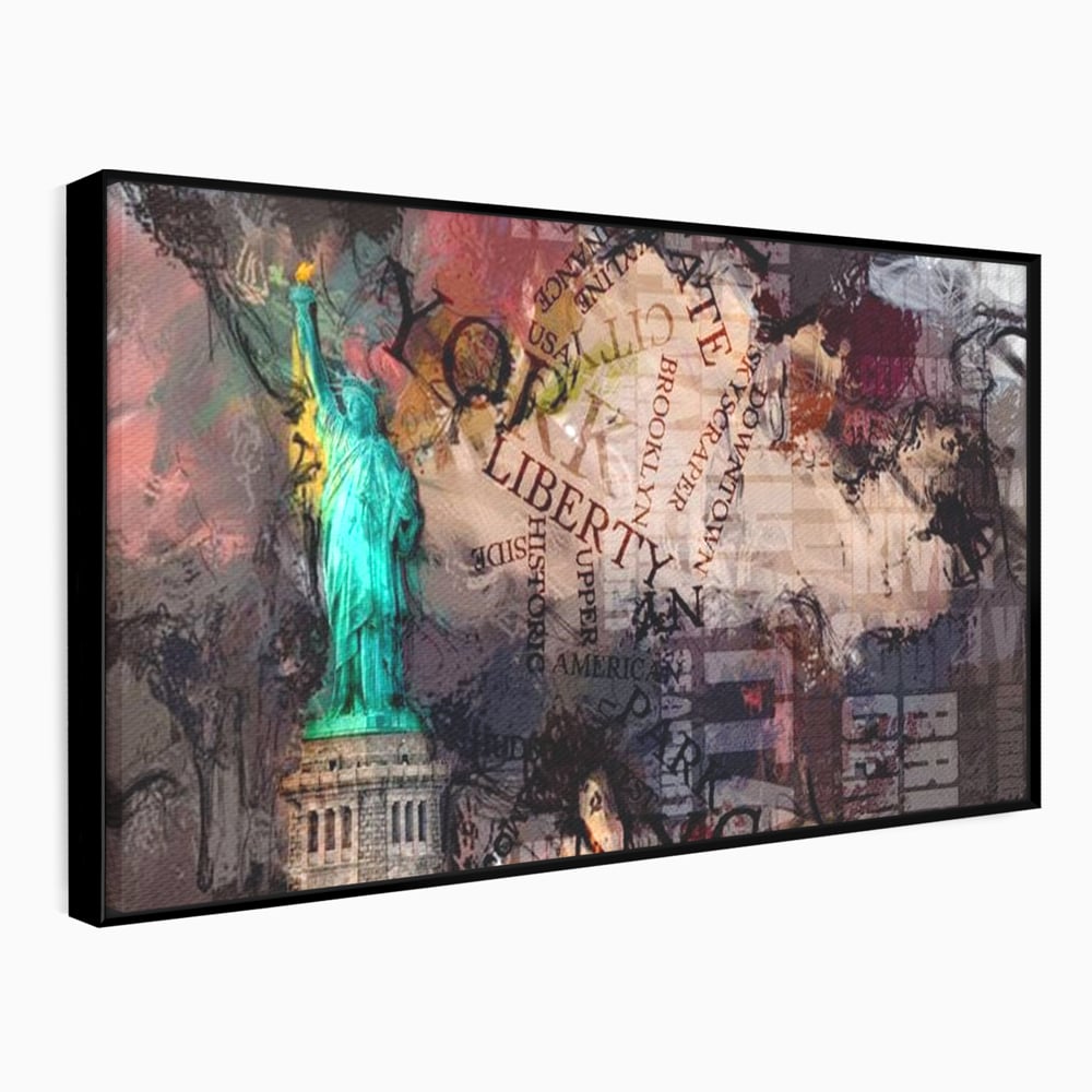 Tablou canvas cu tablou canvas cu statuia libertatii si text, in rama de aluminiu negru
