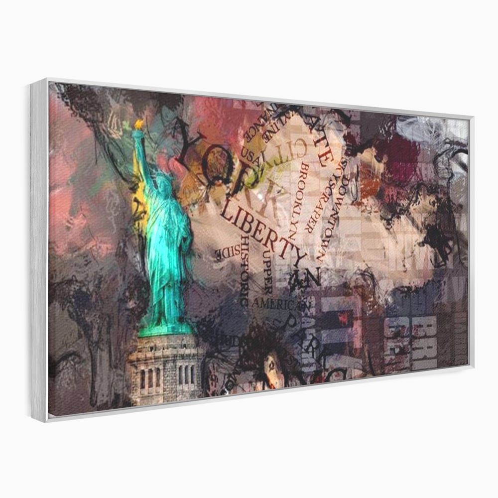 Tablou canvas cu tablou canvas cu statuia libertatii si text, in rama de aluminiu argintiu