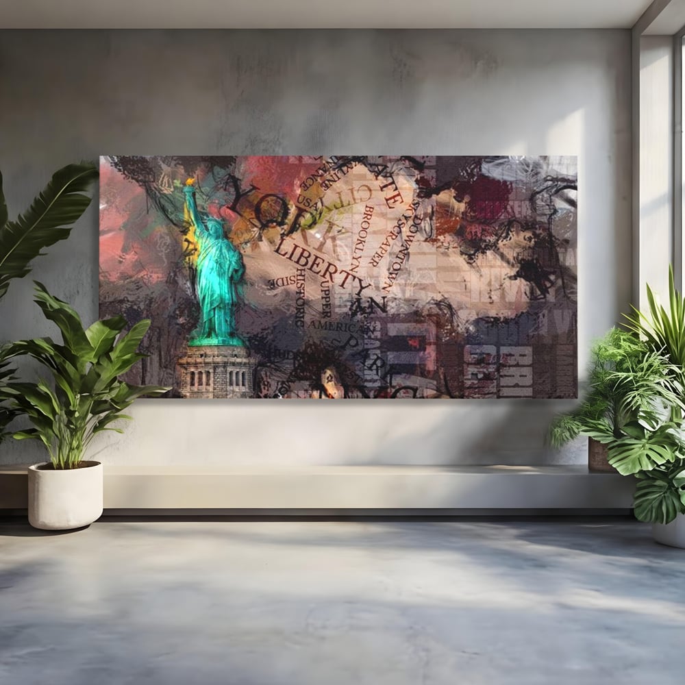 Tablou canvas cu tablou canvas cu statuia libertatii si text, fara rama, pe sasiu de lemn