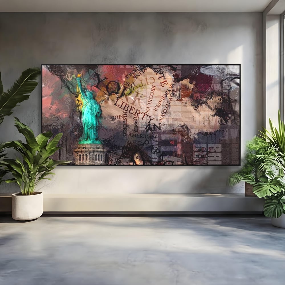 Tablou canvas cu tablou canvas cu statuia libertatii si text, in rama de aluminiu negru