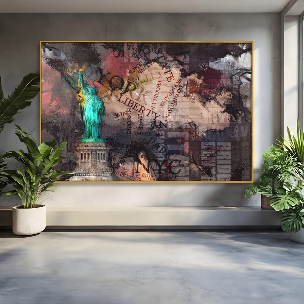 Tablou canvas cu tablou canvas cu statuia libertatii si text, in rama de aluminiu auriu