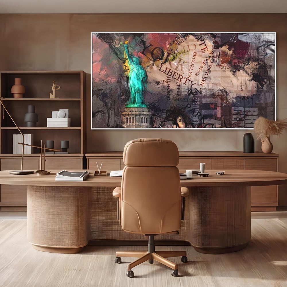 Tablou canvas cu tablou canvas cu statuia libertatii si text, in rama de aluminiu argintiu, pe perete intr-un birou