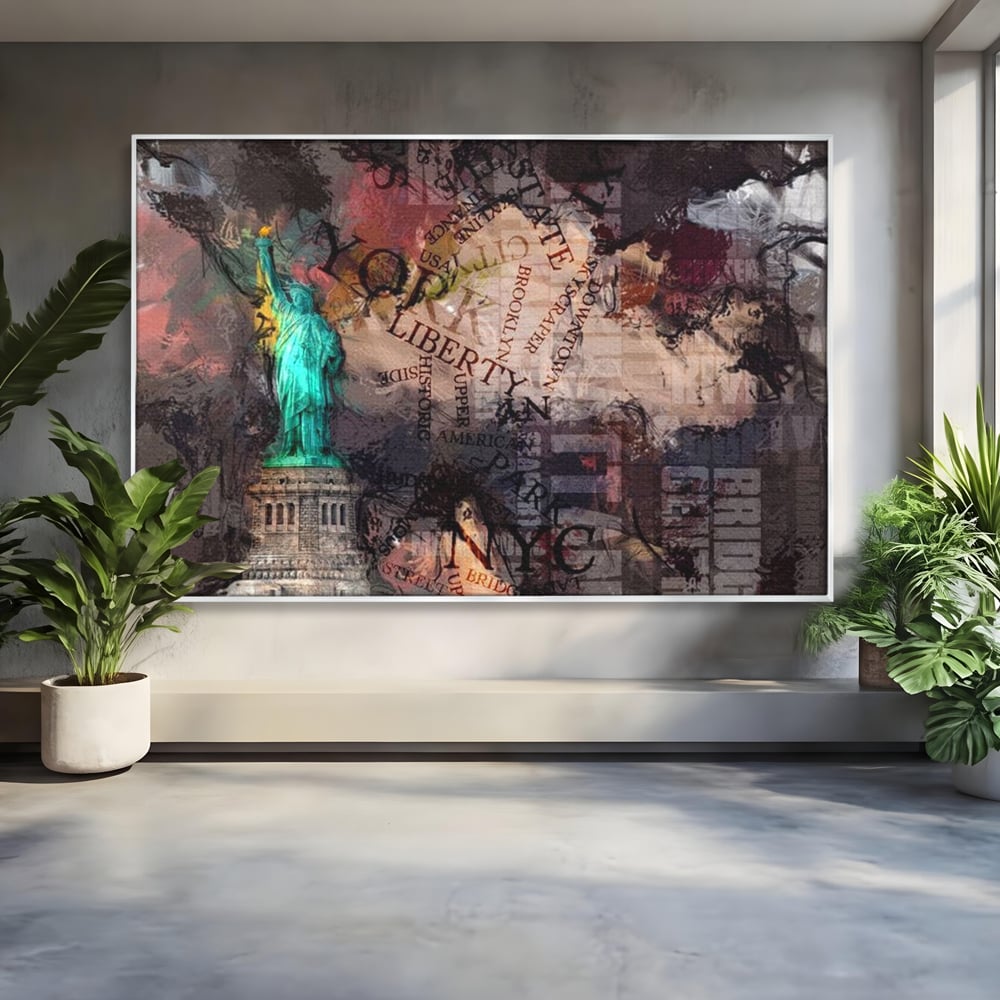 Tablou canvas cu tablou canvas cu statuia libertatii si text, in rama de aluminiu argintiu