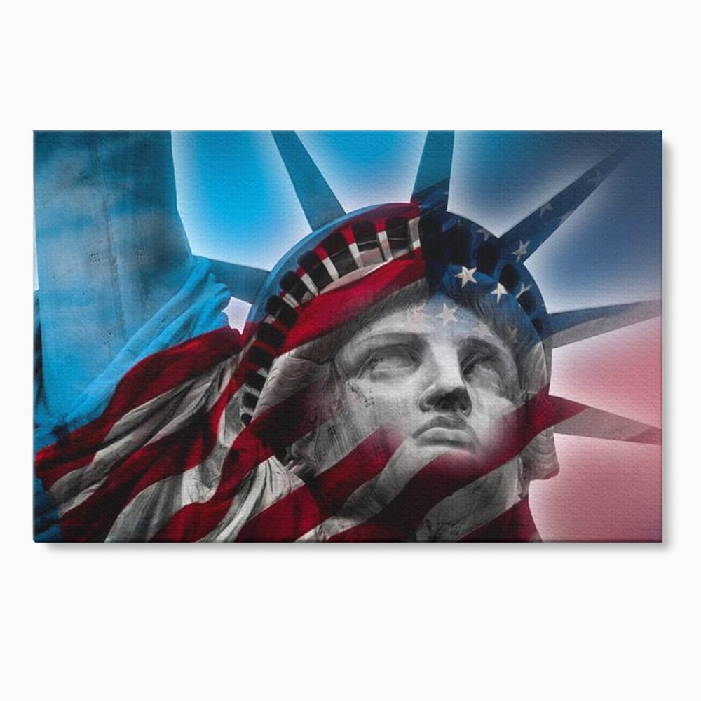 Tablou canvas cu statuia libertatii suprapusa cu steagul american, fara rama, pe sasiu de lemn