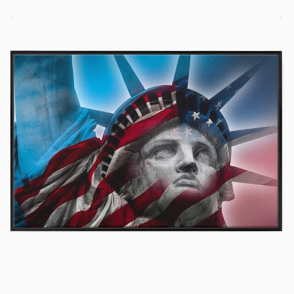 Tablou canvas cu statuia libertatii suprapusa cu steagul american, in rama de aluminiu negru