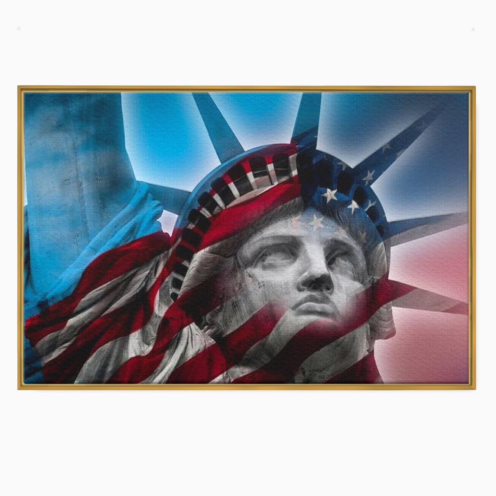 Tablou canvas cu statuia libertatii suprapusa cu steagul american, in rama de aluminiu auriu