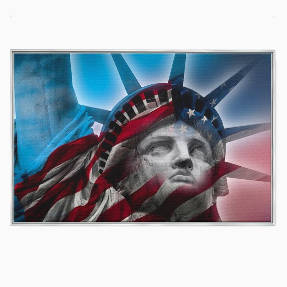 Tablou canvas cu statuia libertatii suprapusa cu steagul american, in rama de aluminiu argintiu