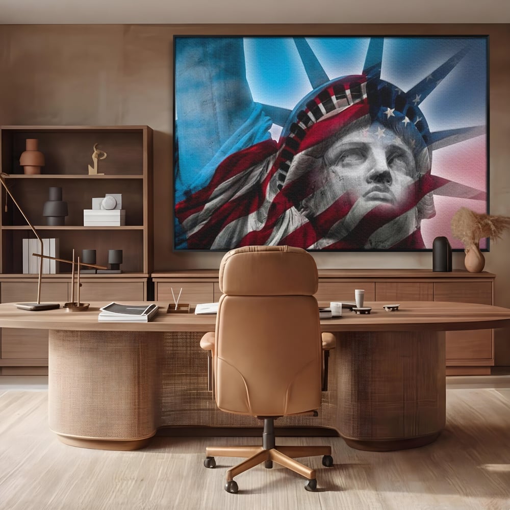 Tablou canvas cu statuia libertatii suprapusa cu steagul american, in rama de aluminiu negru, pe perete intr-un birou