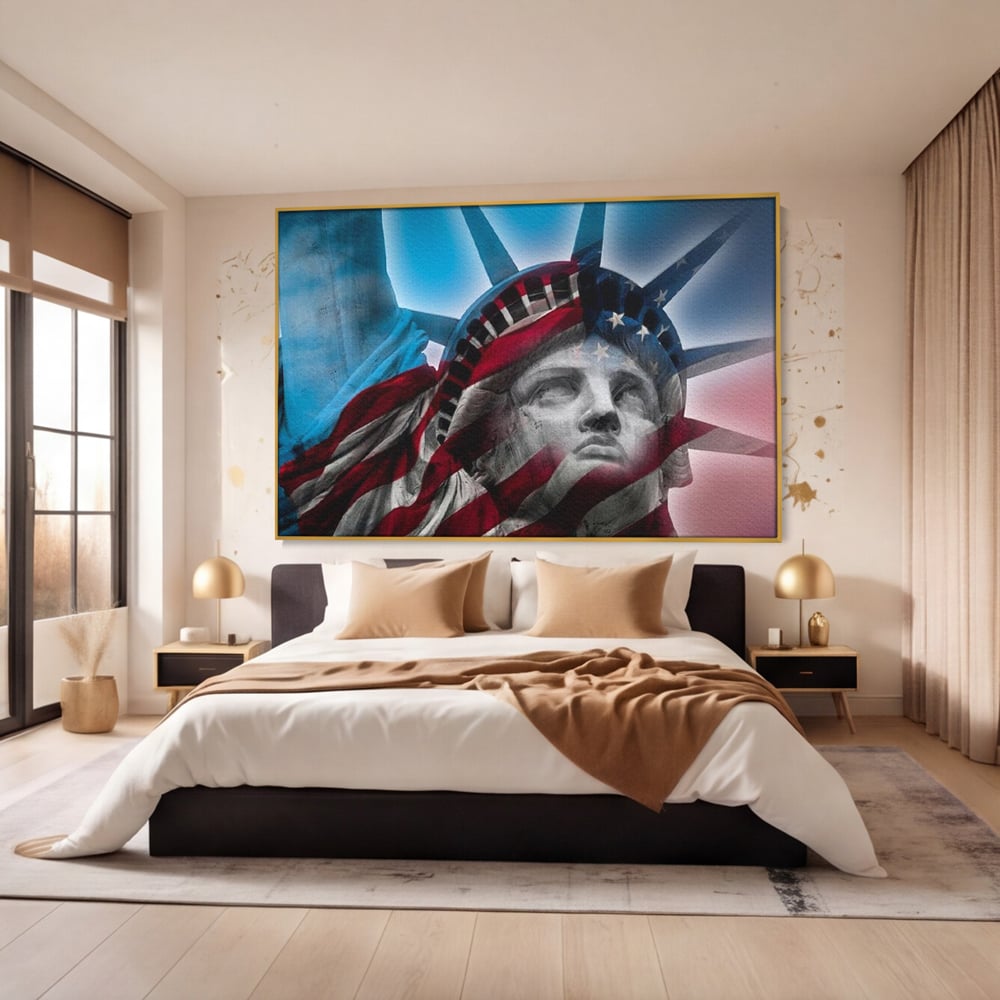 Tablou canvas cu statuia libertatii suprapusa cu steagul american, in rama de aluminiu auriu, pe perete intr-un dormitor