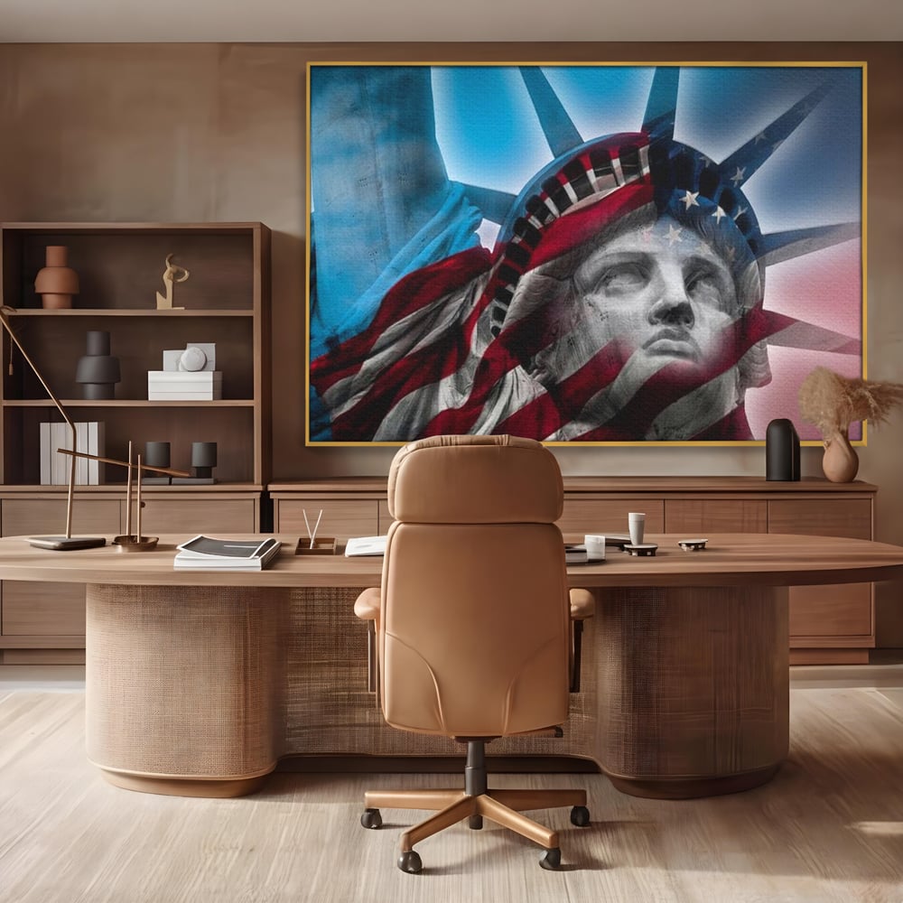 Tablou canvas cu statuia libertatii suprapusa cu steagul american, in rama de aluminiu auriu, pe perete intr-un birou
