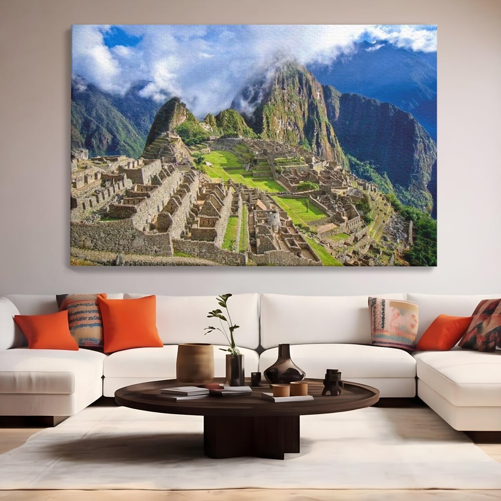 Tablou canvas cu tablou canvas cu cetatea machu picchu, fara rama, pe sasiu de lemn, pe perete intr-un living