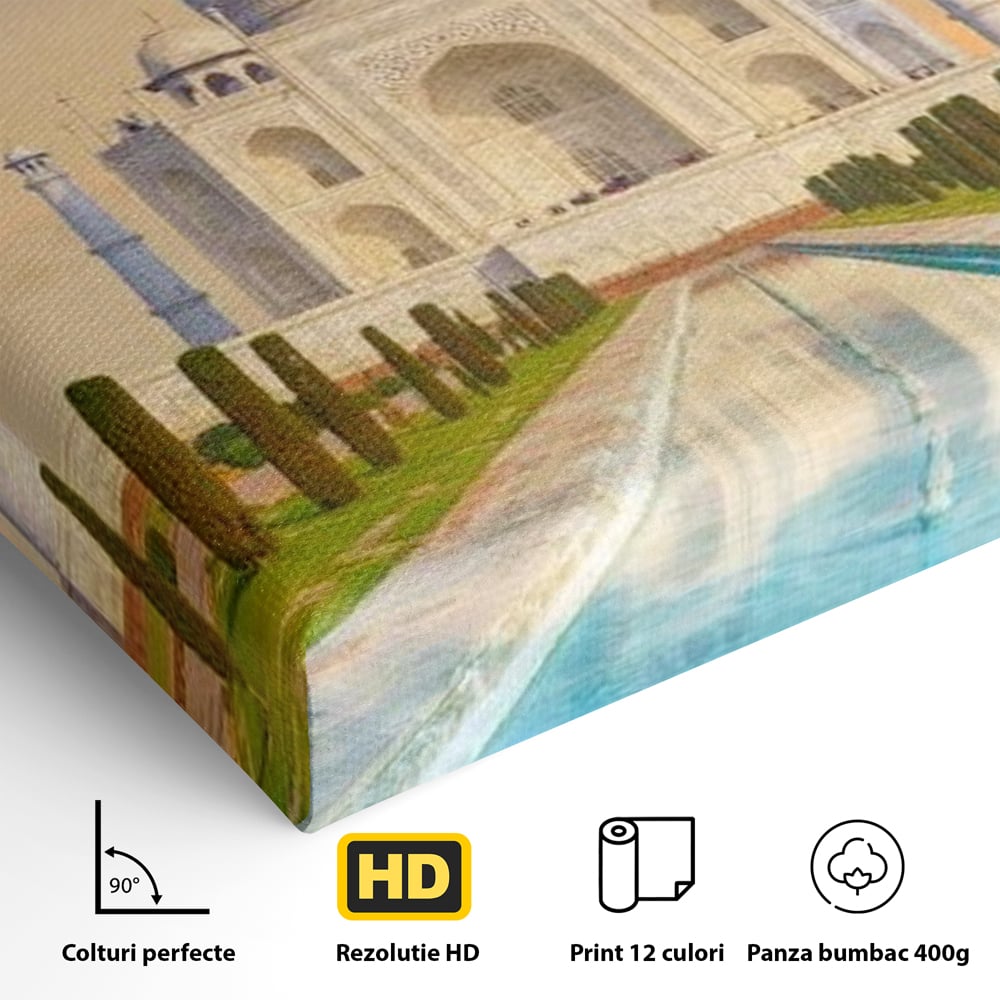 Detaliu al suprafetei: tablou canvas cu taj mahal, fara rama, pe sasiu de lemn