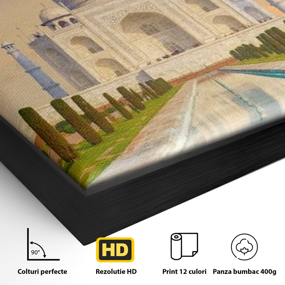 Detaliu al suprafetei: tablou canvas cu taj mahal, in rama de aluminiu negru