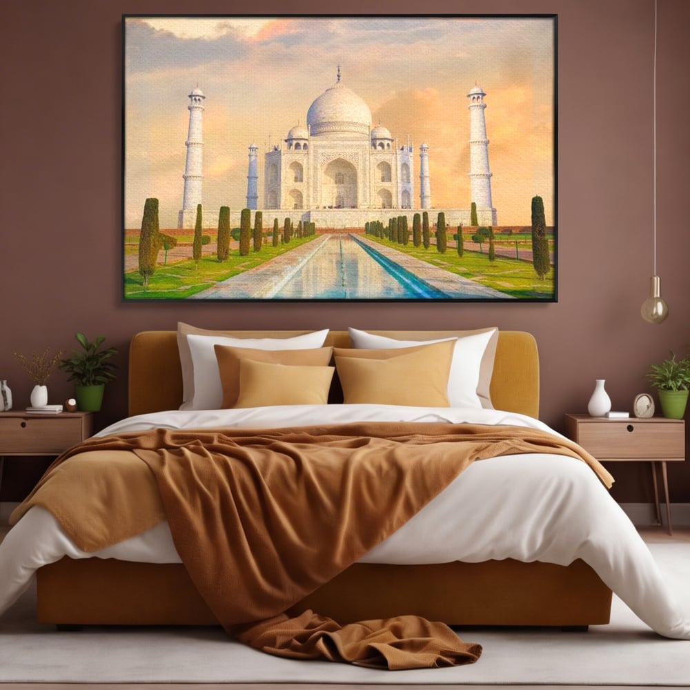 Tablou canvas cu tablou canvas cu taj mahal, in rama de aluminiu negru, pe perete intr-un dormitor
