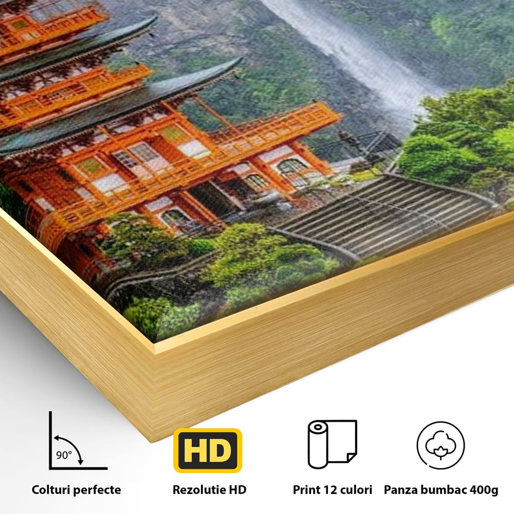 Detaliu al suprafetei: tablou canvas cu pagoda si cascada, in rama de aluminiu auriu