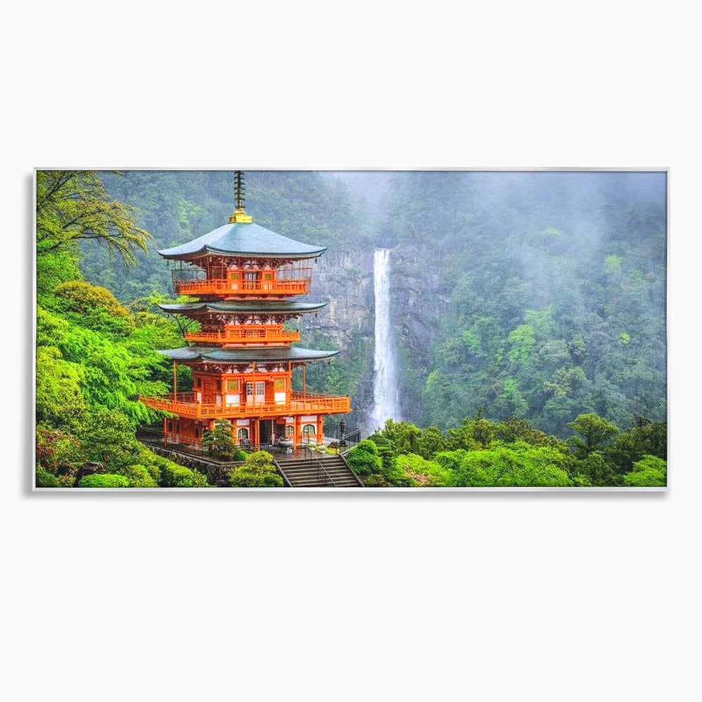 Tablou canvas cu tablou canvas cu pagoda si cascada, in rama de aluminiu argintiu