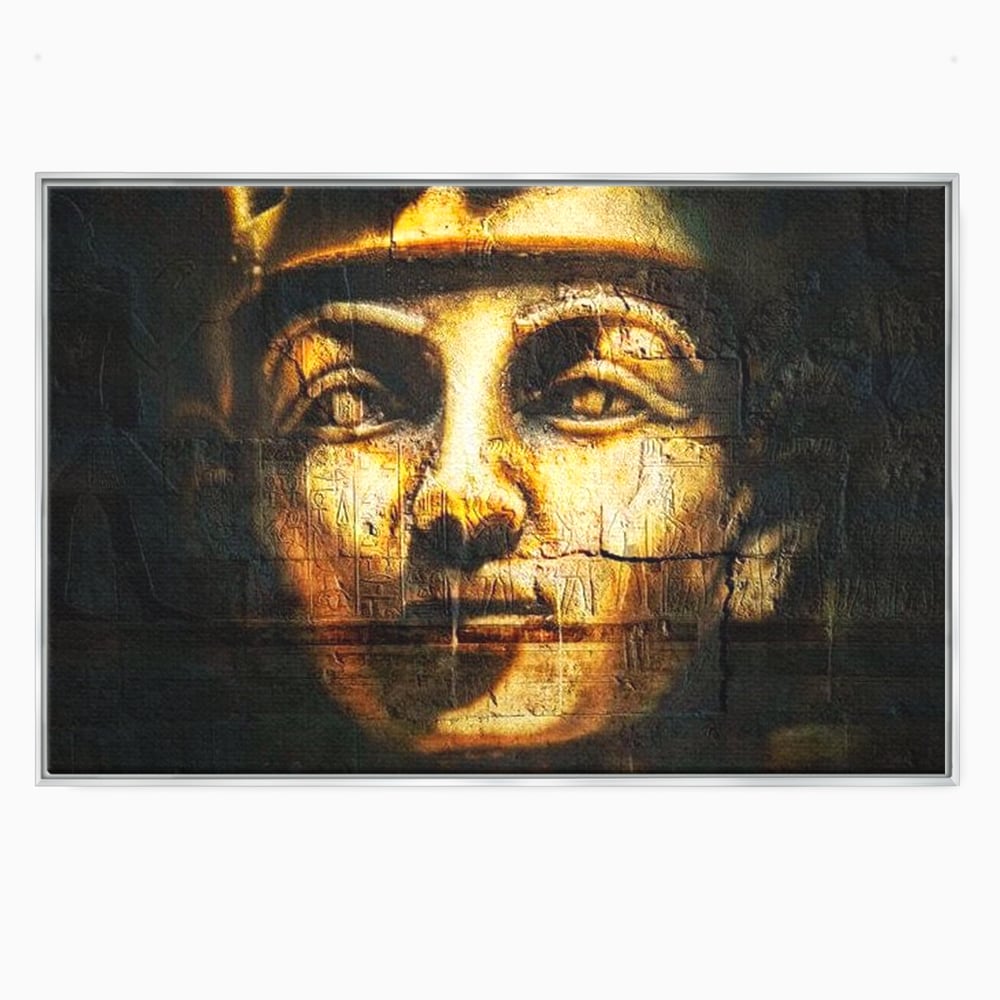Tablou canvas cu tablou canvas cu chipul unui faraon, in rama de aluminiu argintiu