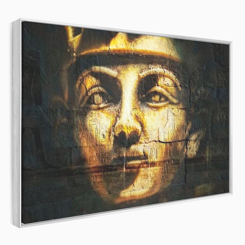 Tablou canvas cu tablou canvas cu chipul unui faraon, in rama de aluminiu argintiu
