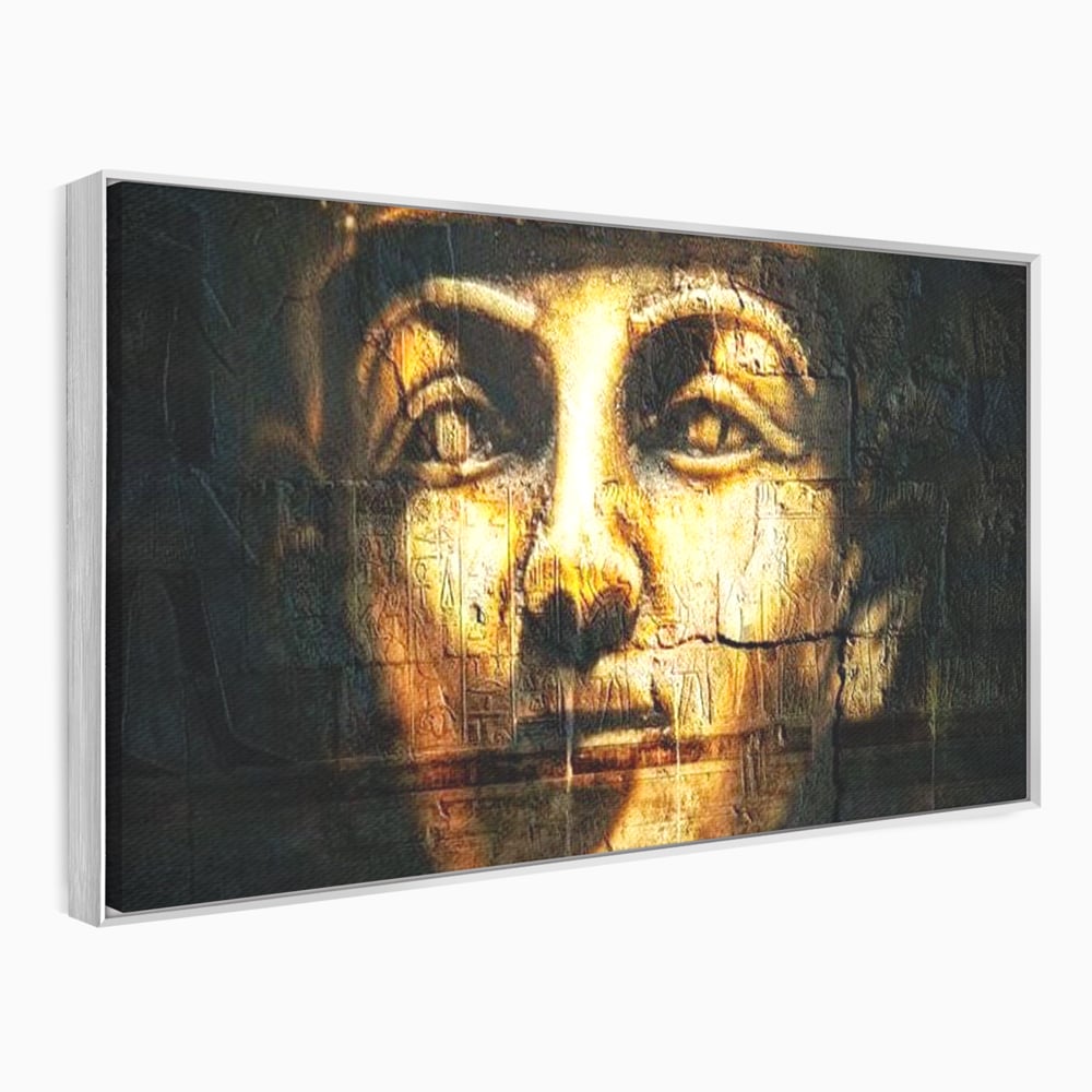 Tablou canvas cu tablou canvas cu chipul unui faraon, in rama de aluminiu argintiu