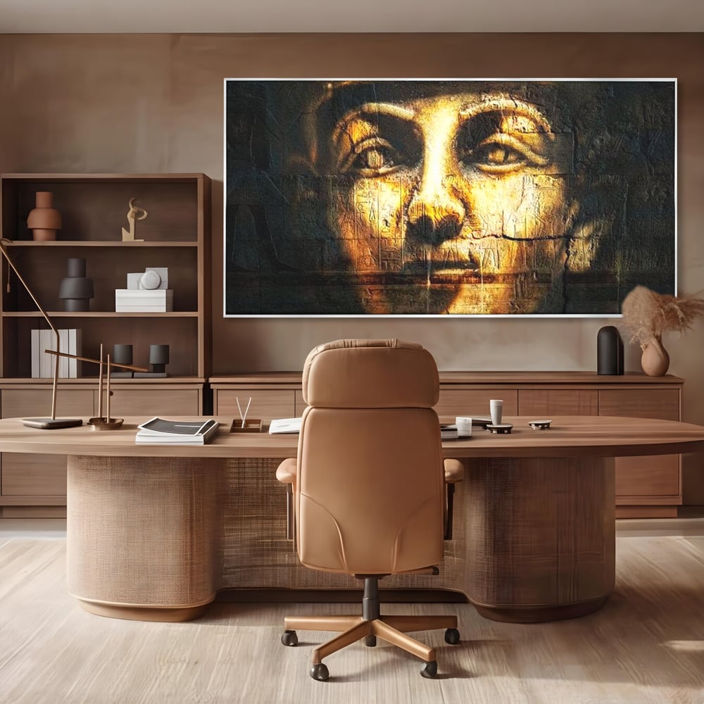 Tablou canvas cu tablou canvas cu chipul unui faraon, in rama de aluminiu argintiu, pe perete intr-un birou