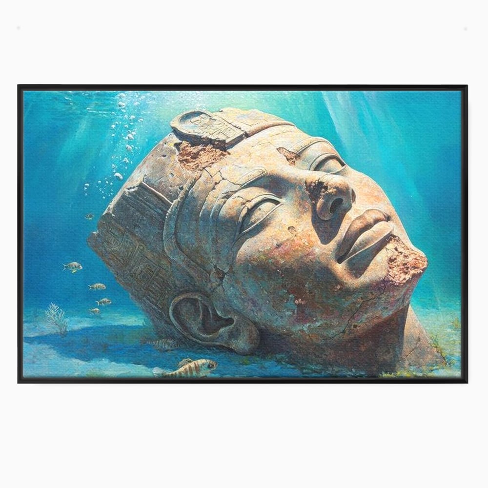 Tablou canvas cu cap de statuie faraonica scufundat, in rama de aluminiu negru