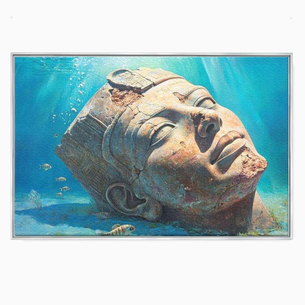 Tablou canvas cu cap de statuie faraonica scufundat, in rama de aluminiu argintiu