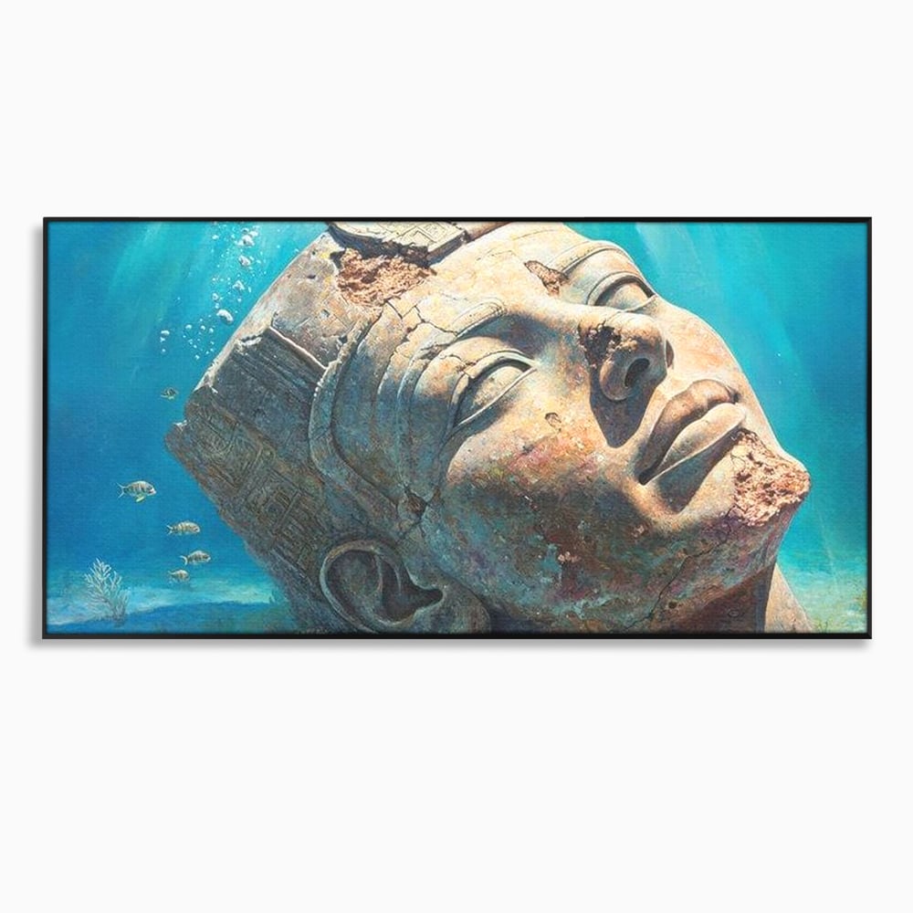 Tablou canvas cu cap de statuie faraonica scufundat, in rama de aluminiu negru