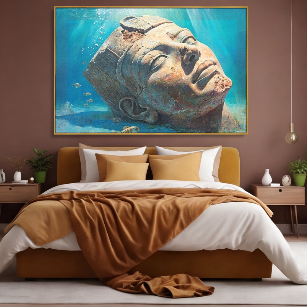 Tablou canvas cu cap de statuie faraonica scufundat, in rama de aluminiu auriu, pe perete intr-un dormitor