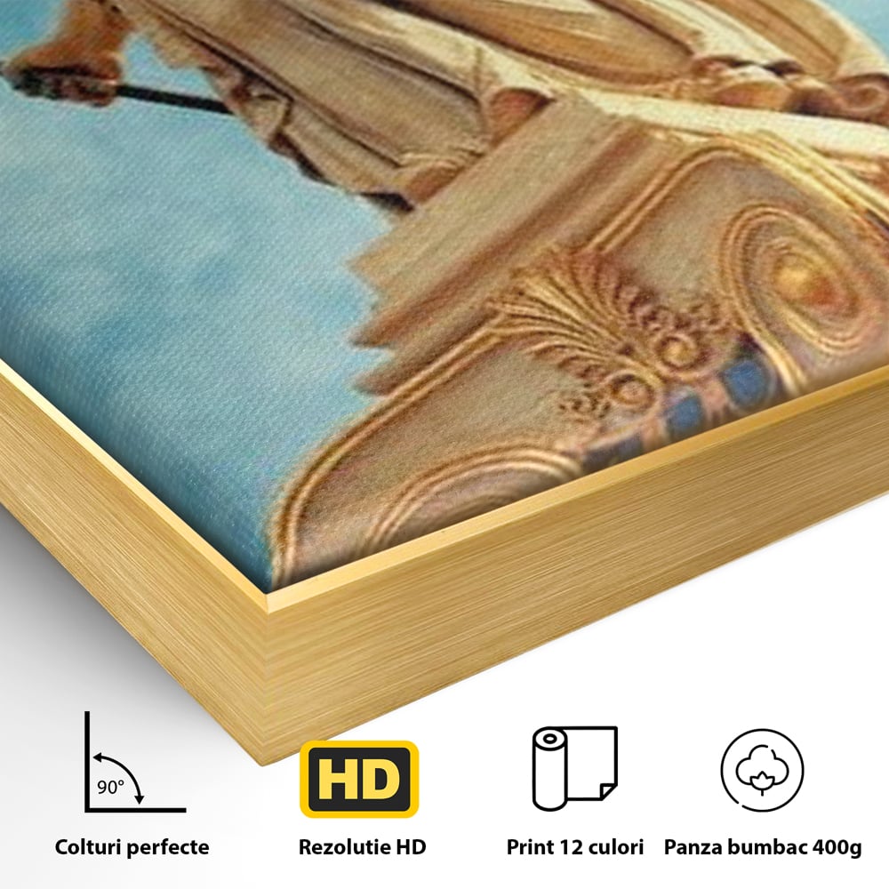 Detaliu al suprafetei: tablou canvas cu statuia atenei, in rama de aluminiu auriu