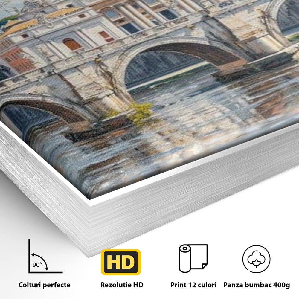 Detaliu al suprafetei: tablou canvas cu podul si cupola vaticanului, in rama de aluminiu argintiu