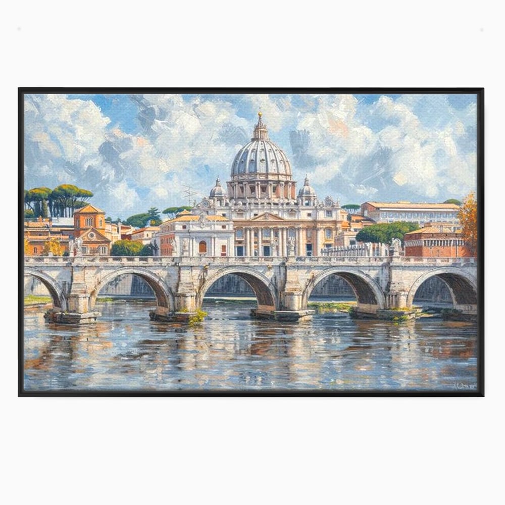 Tablou canvas cu tablou canvas cu podul si cupola vaticanului, in rama de aluminiu negru