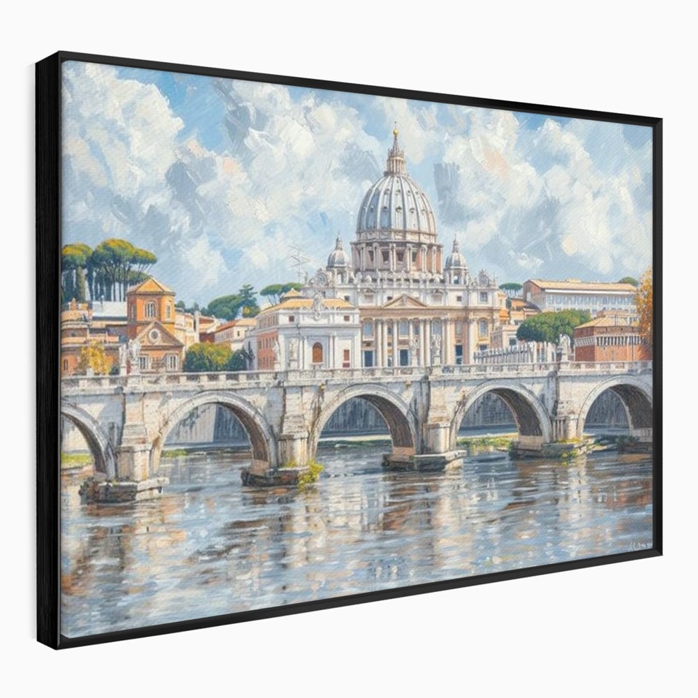 Tablou canvas cu tablou canvas cu podul si cupola vaticanului, in rama de aluminiu negru