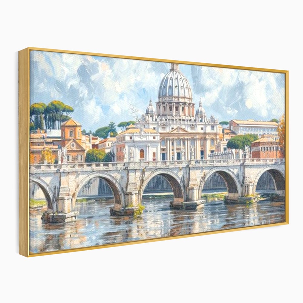 Tablou canvas cu tablou canvas cu podul si cupola vaticanului, in rama de aluminiu auriu