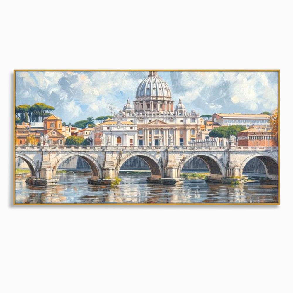 Tablou canvas cu tablou canvas cu podul si cupola vaticanului, in rama de aluminiu auriu