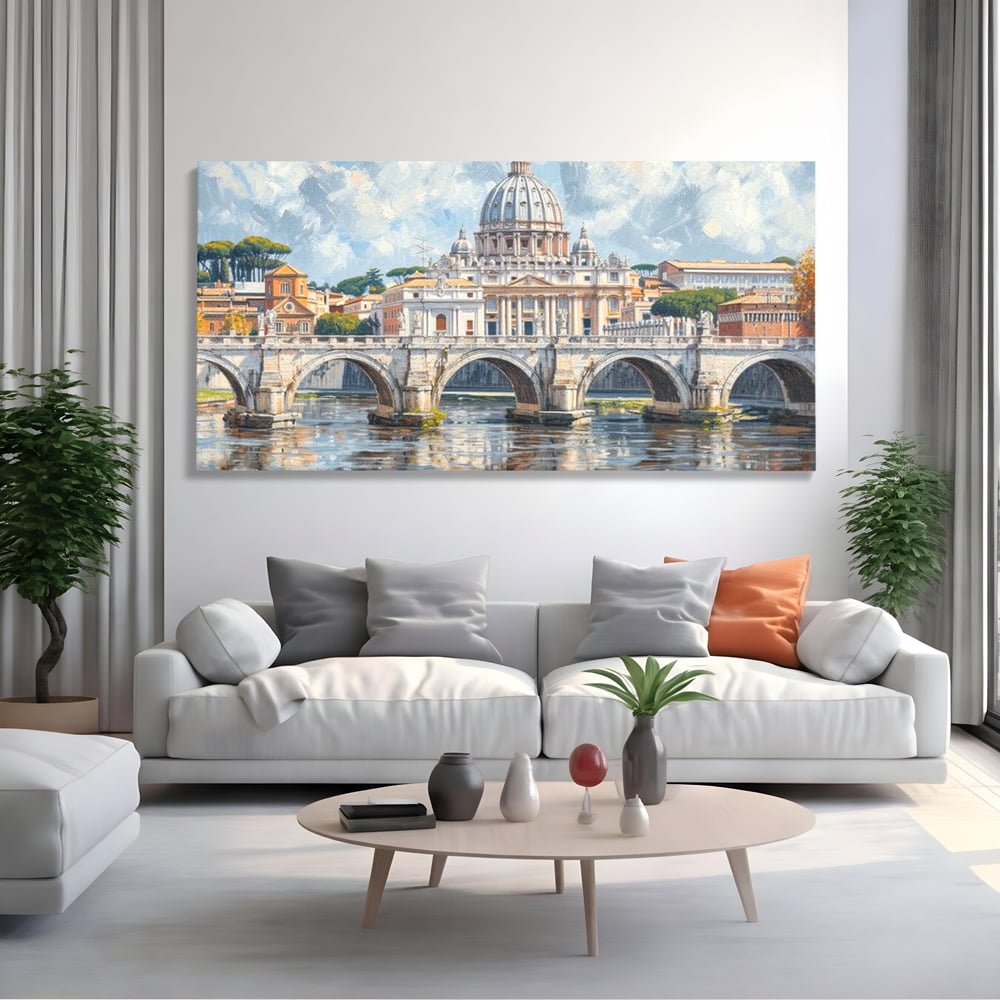 Tablou canvas cu tablou canvas cu podul si cupola vaticanului, fara rama, pe sasiu de lemn, pe perete intr-un living