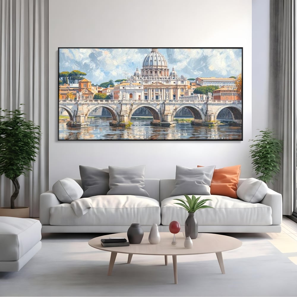 Tablou canvas cu tablou canvas cu podul si cupola vaticanului, in rama de aluminiu negru, pe perete intr-un living