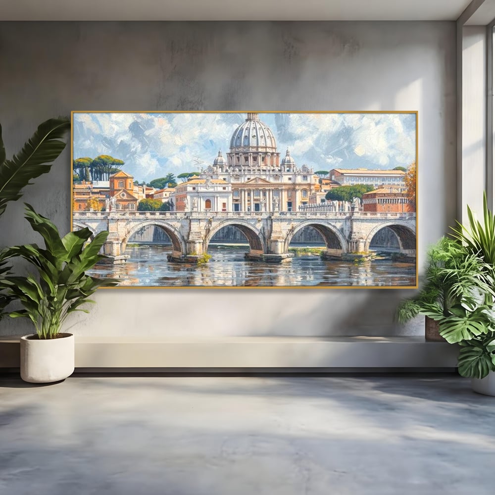 Tablou canvas cu tablou canvas cu podul si cupola vaticanului, in rama de aluminiu auriu