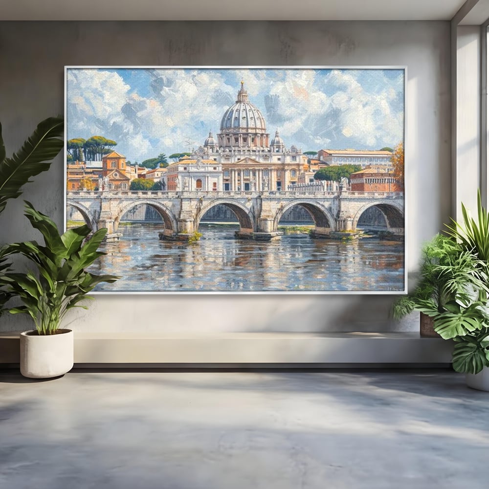 Tablou canvas cu tablou canvas cu podul si cupola vaticanului, in rama de aluminiu argintiu