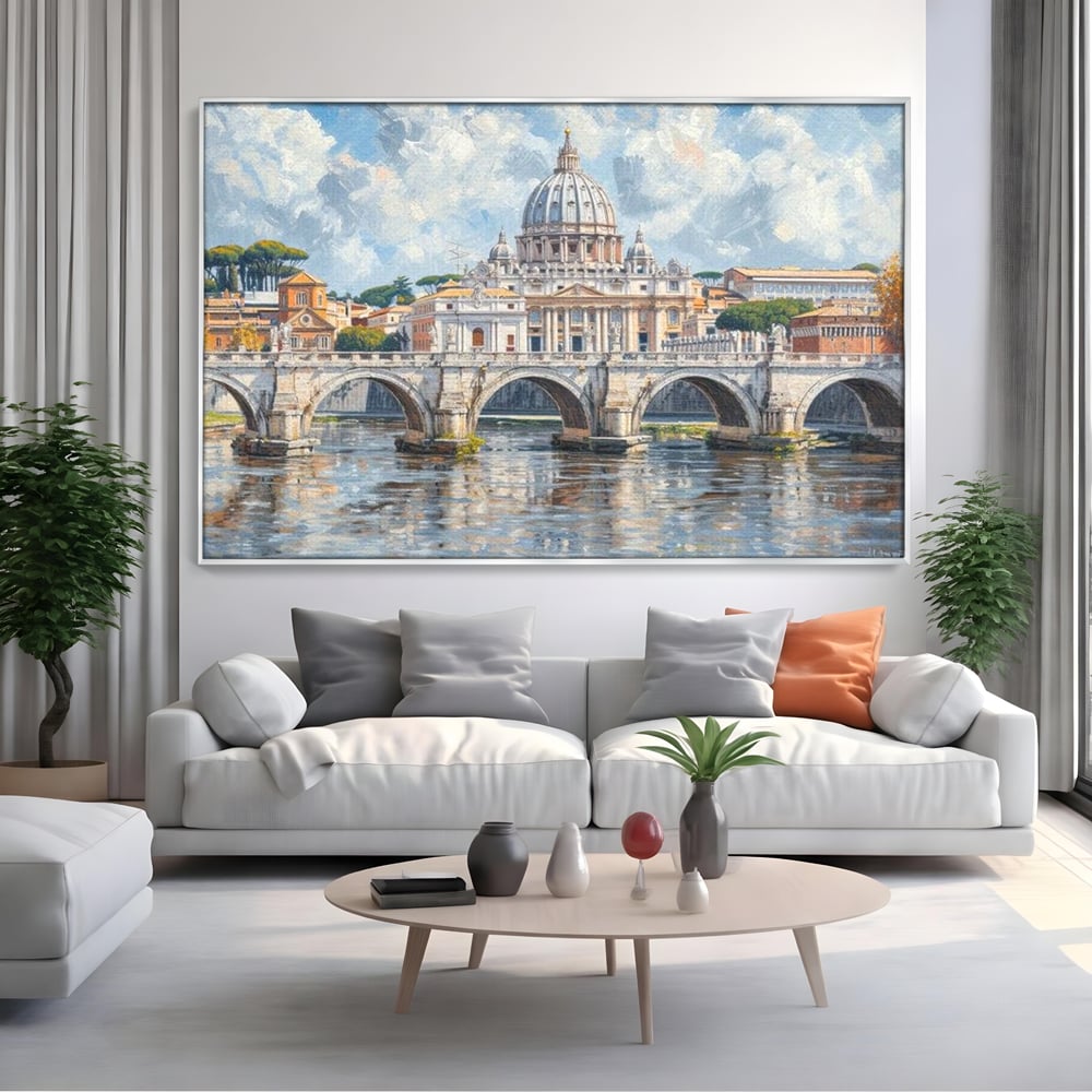 Tablou canvas cu tablou canvas cu podul si cupola vaticanului, in rama de aluminiu argintiu, pe perete intr-un living