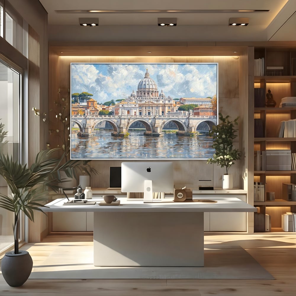 Tablou canvas cu tablou canvas cu podul si cupola vaticanului, in rama de aluminiu argintiu, pe perete intr-un birou