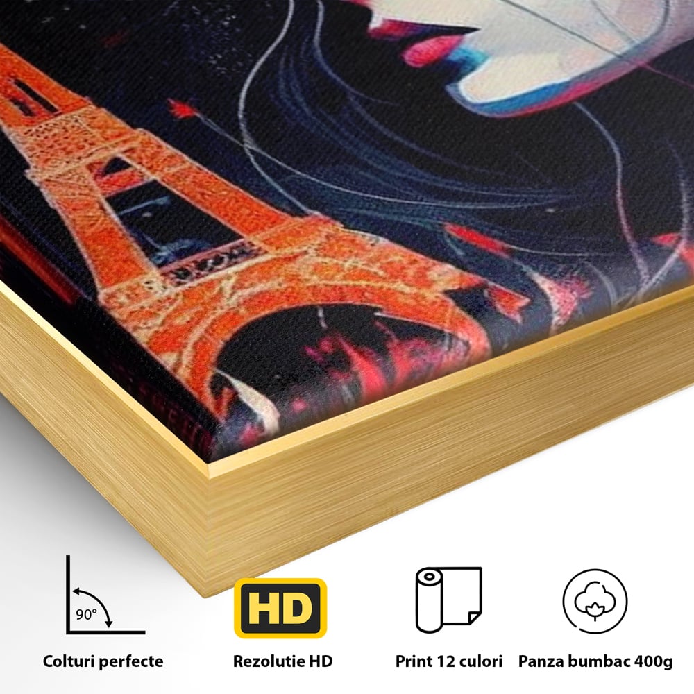 Detaliu al suprafetei: tablou canvas cu femeie si turnul eiffel, in rama de aluminiu auriu