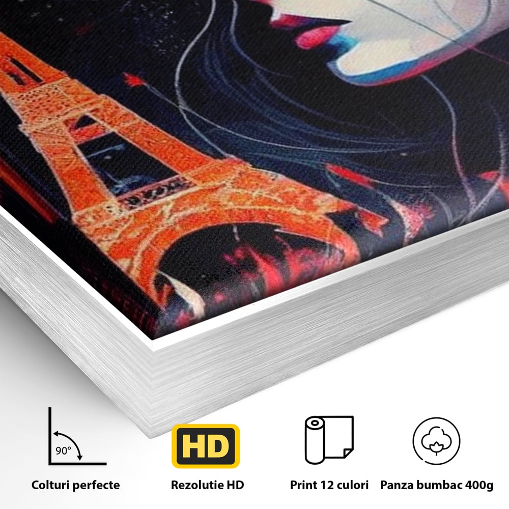 Detaliu al suprafetei: tablou canvas cu femeie si turnul eiffel, in rama de aluminiu argintiu