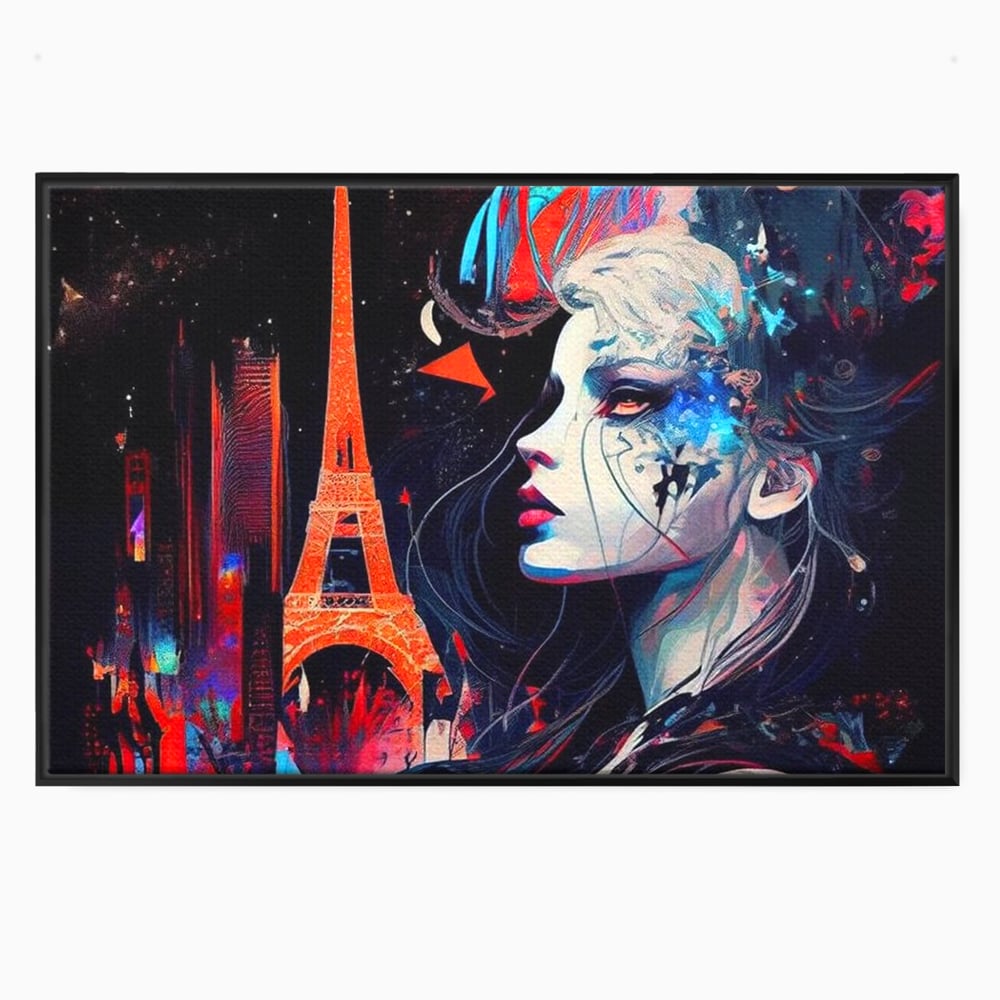 Tablou canvas cu tablou canvas cu femeie si turnul eiffel, in rama de aluminiu negru